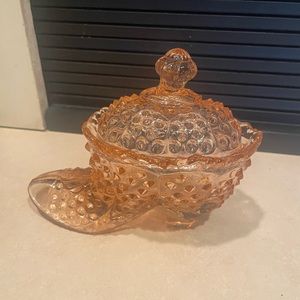 Hobnail pink depression slipper glass shoe w lid candy dish